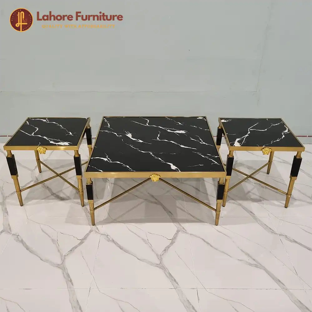 Black Marble Center  Table Set with Gilded Accents