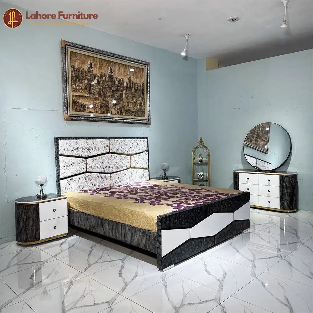 Modern White Marble Bedroom Set with Round Mirror Dresser - 5F01