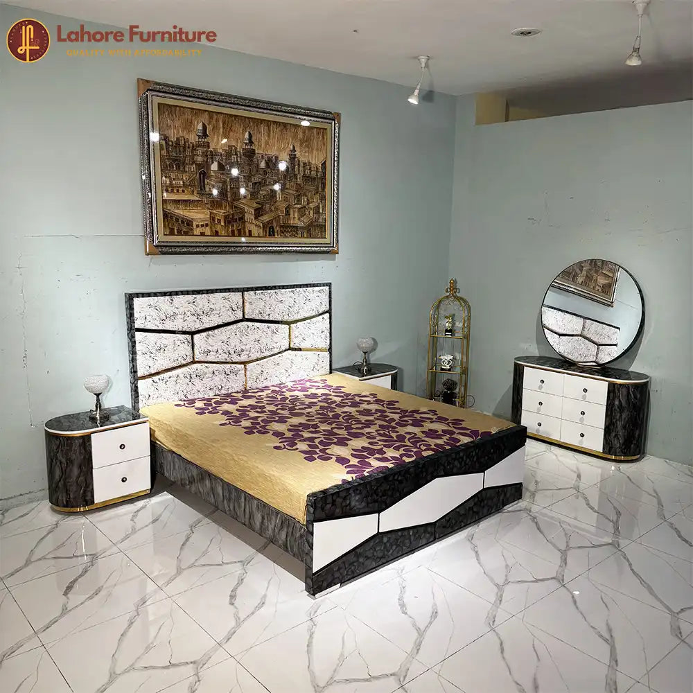Modern White Marble Bedroom Set with Round Mirror Dresser - 5F01