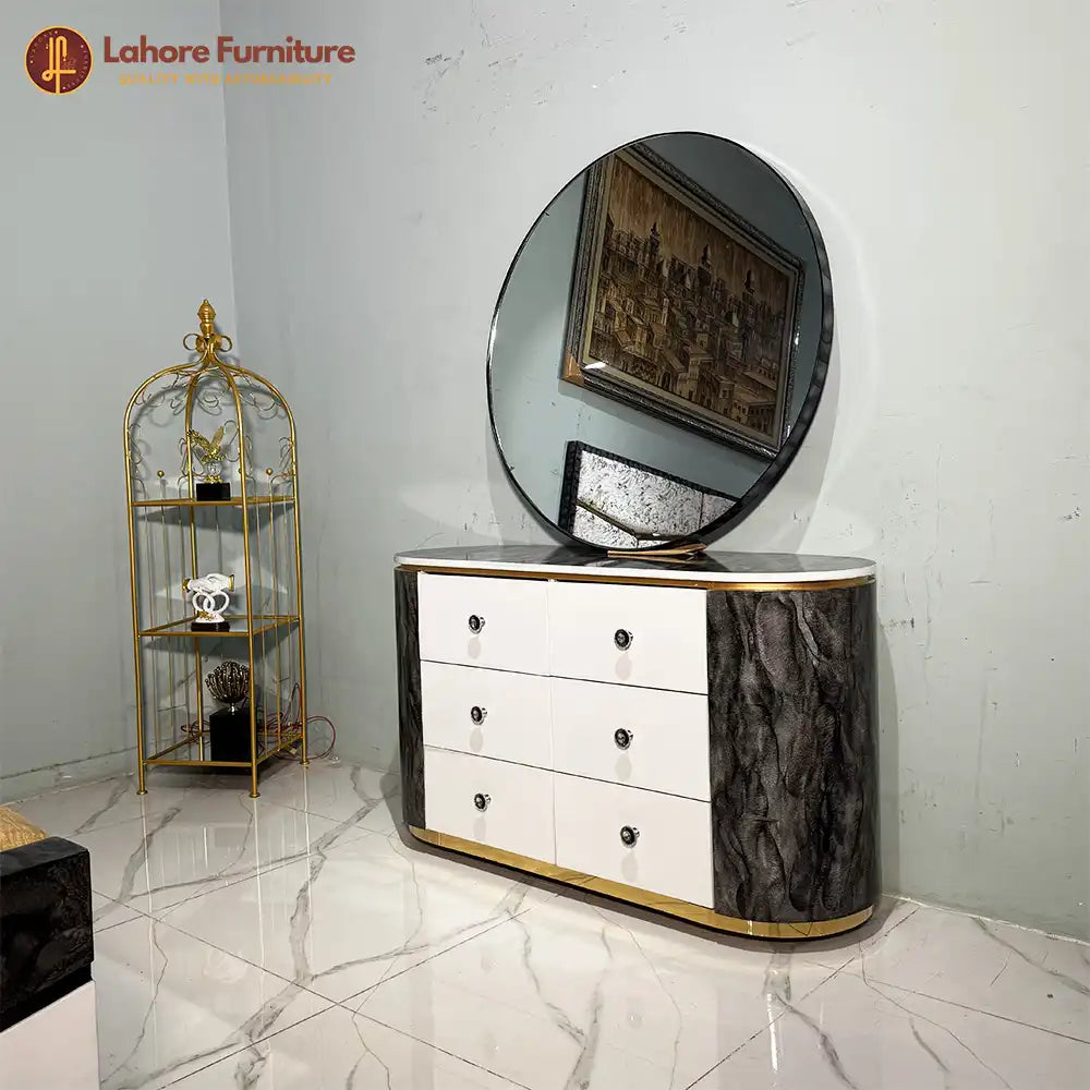 Modern White Marble Bedroom Set with Round Mirror Dresser - 5F01