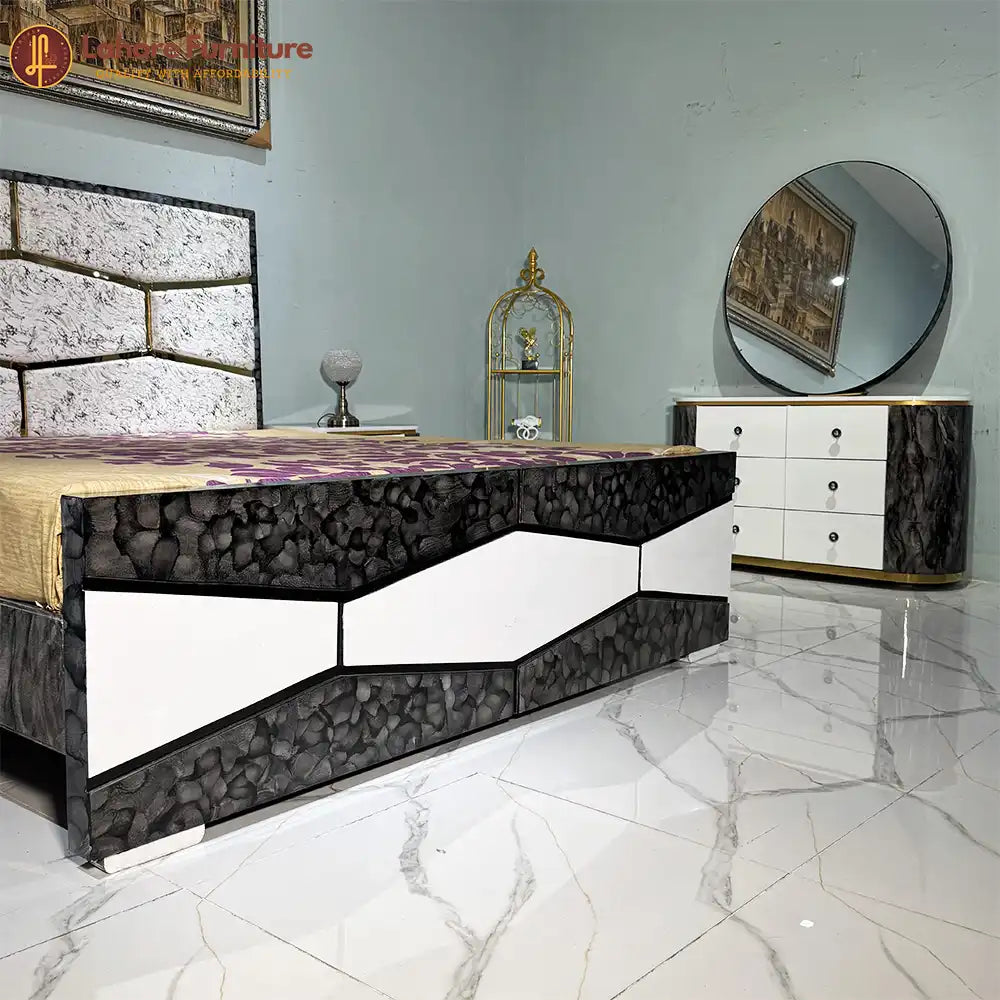 Modern White Marble Bedroom Set with Round Mirror Dresser - 5F01