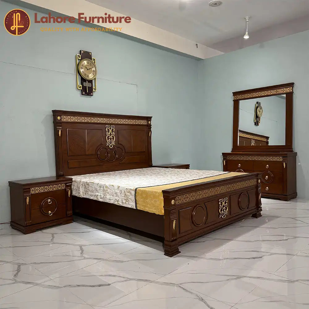 Classic Walnut Gold Inlay  Bed Set - As38