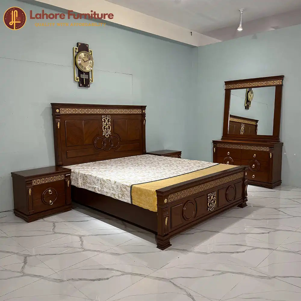 Classic Walnut Gold Inlay  Bed Set - As38