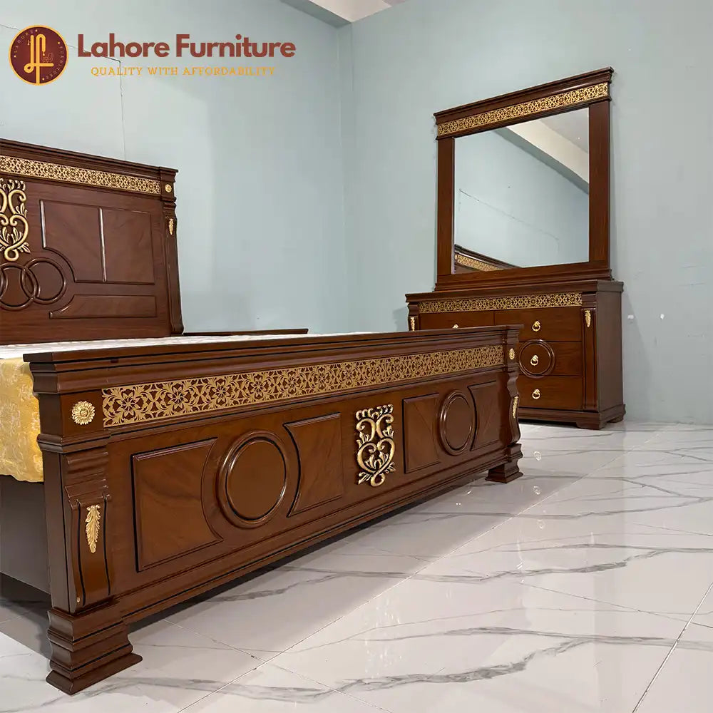 Classic Walnut Gold Inlay  Bed Set - As38
