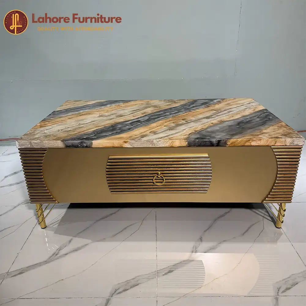Luxe Fluted Gold Center Table with Stone Inlay - CT58