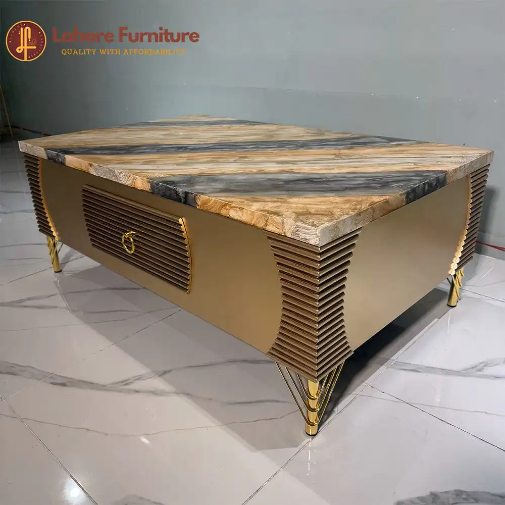 Luxe Fluted Gold Center Table with Stone Inlay - CT58