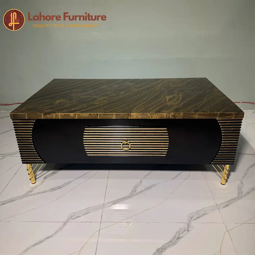 Luxe Fluted Gold Center Table with Stone Inlay - CT58