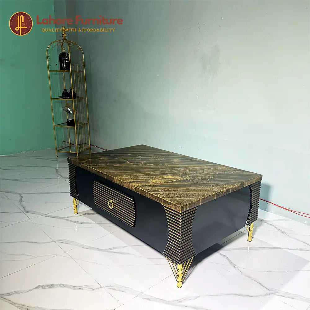 Luxe Fluted Gold Center Table with Stone Inlay - CT58