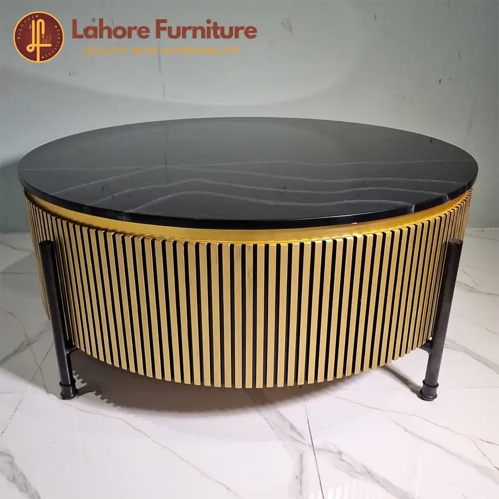 Palace Round Gold and Black Sintered Stone Center Table - CT09