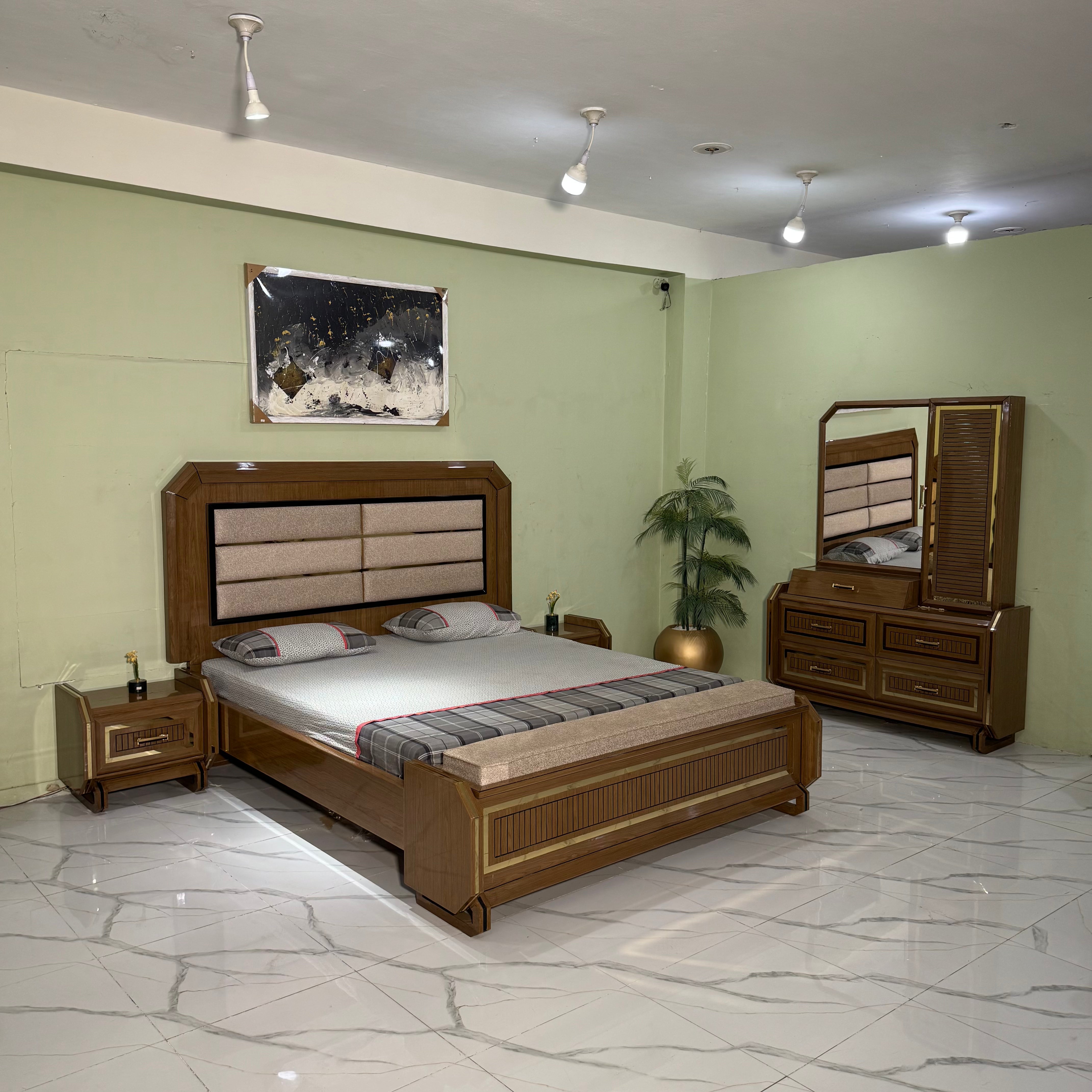 Modern Walnut Upholstered Bed set  - AK36