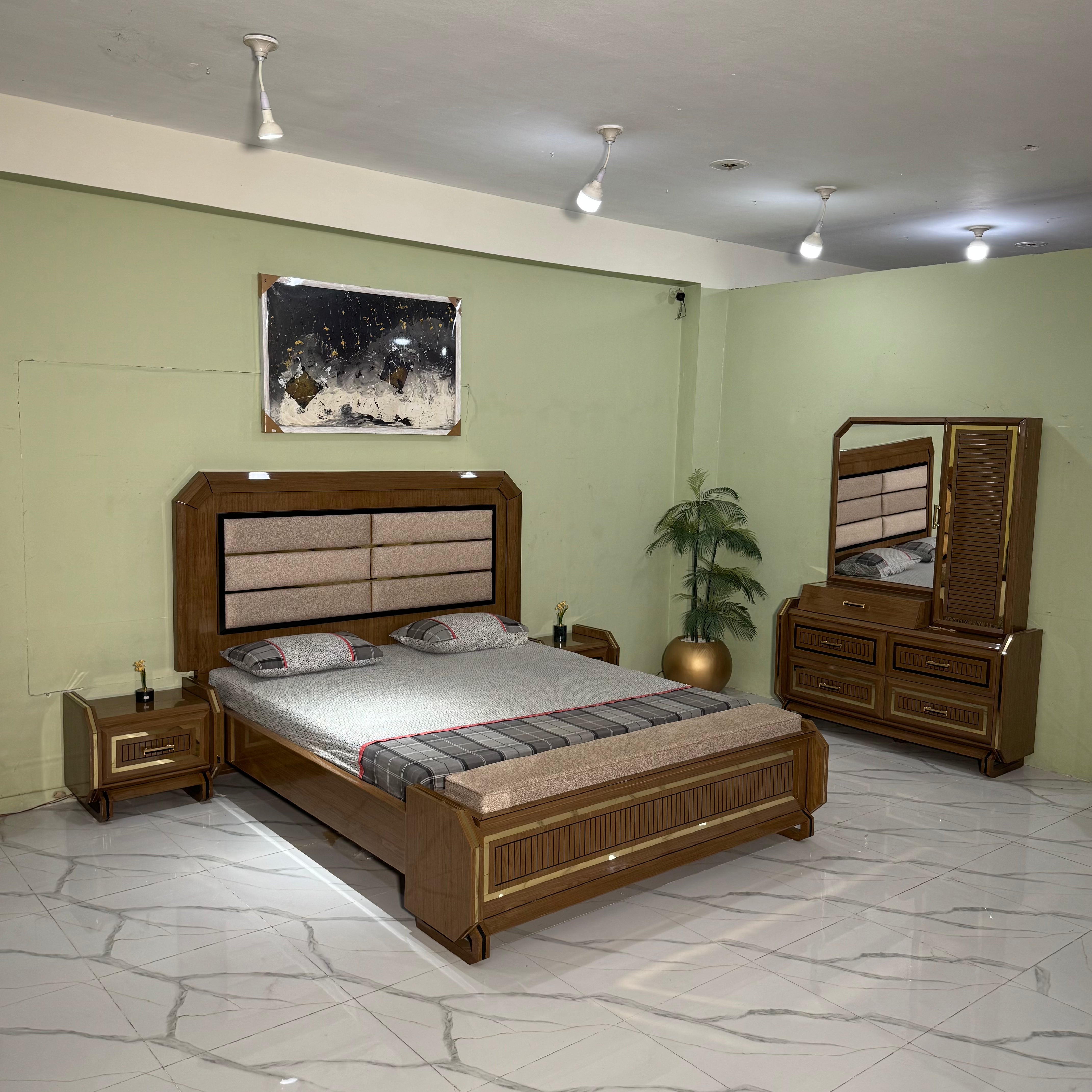 Modern Walnut Upholstered Bed set  - AK36