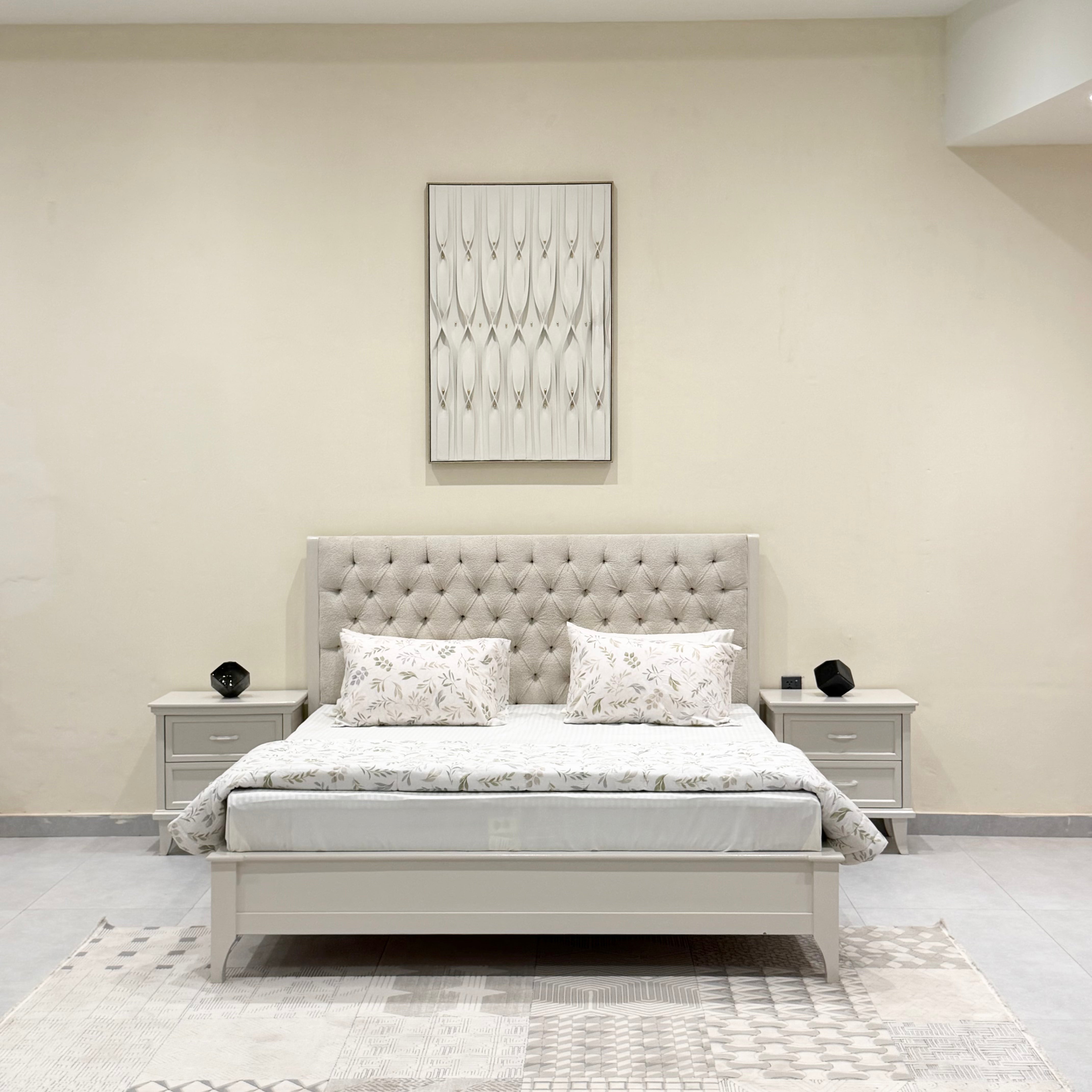 White Stone Bedset with Tufted Bouclé Headboard