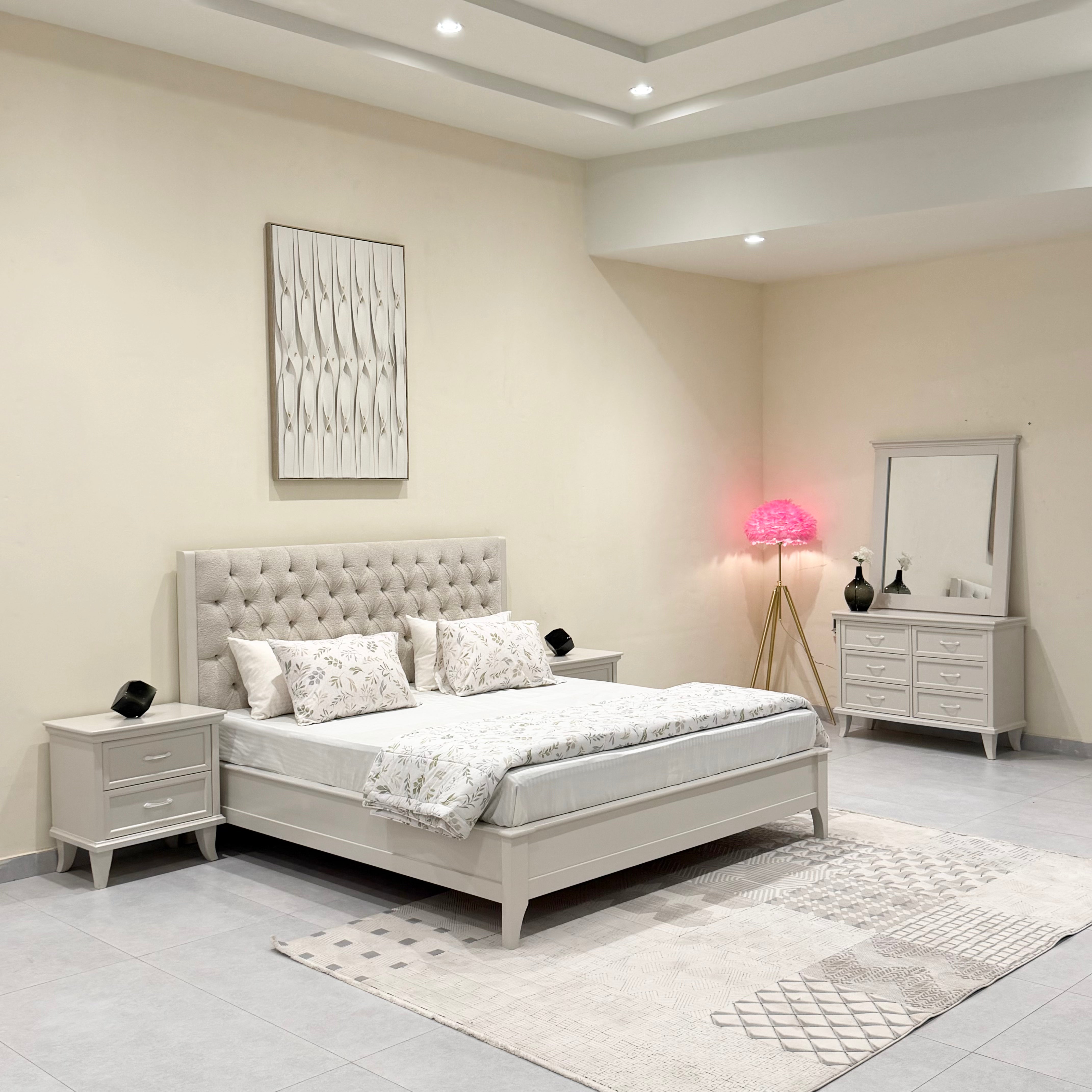 White Stone Bedset with Tufted Bouclé Headboard