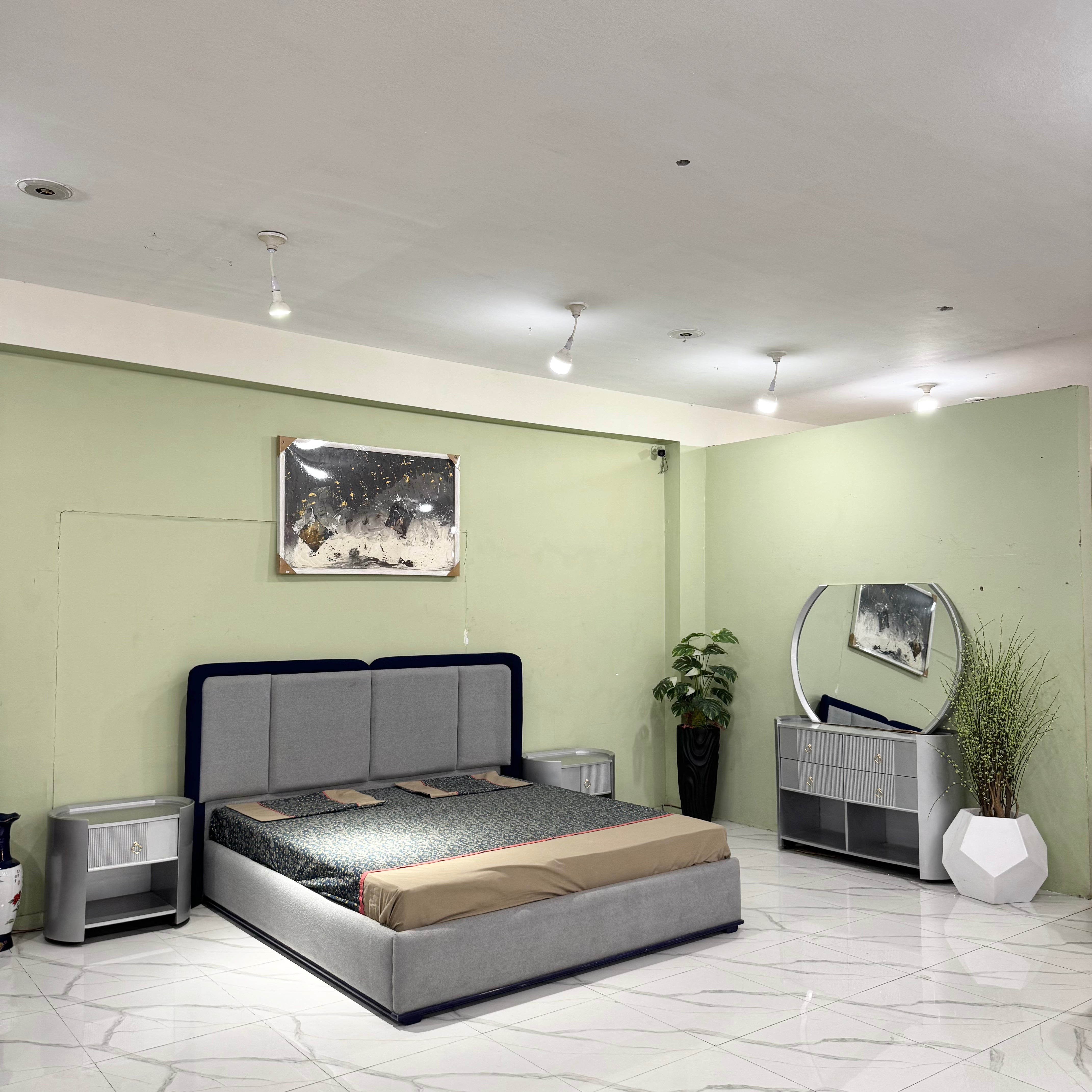 Modern Grey Upholstered Bed Set with Dresser- Ps15