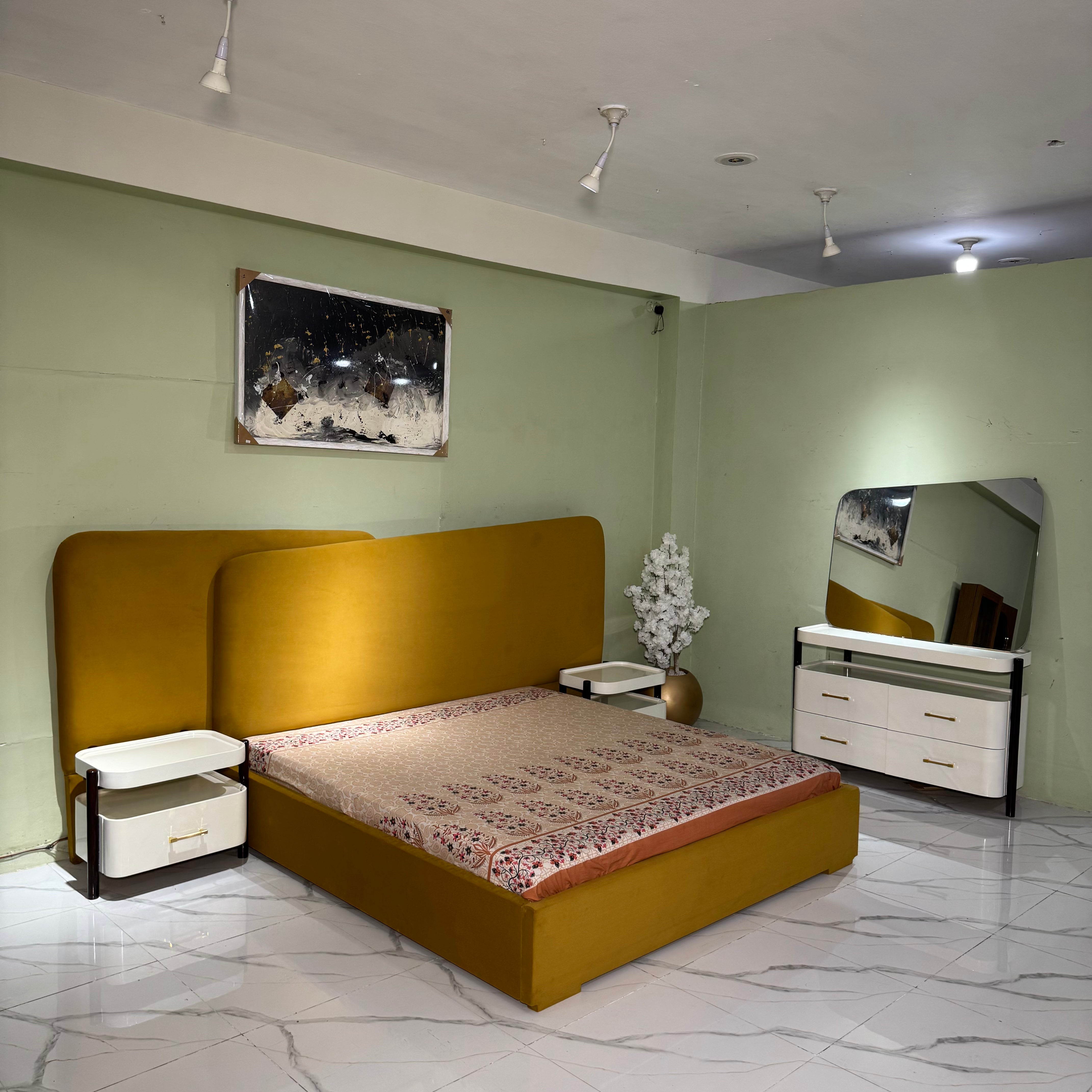Mustard Modern Bed Set with Dressing Table- Ps11
