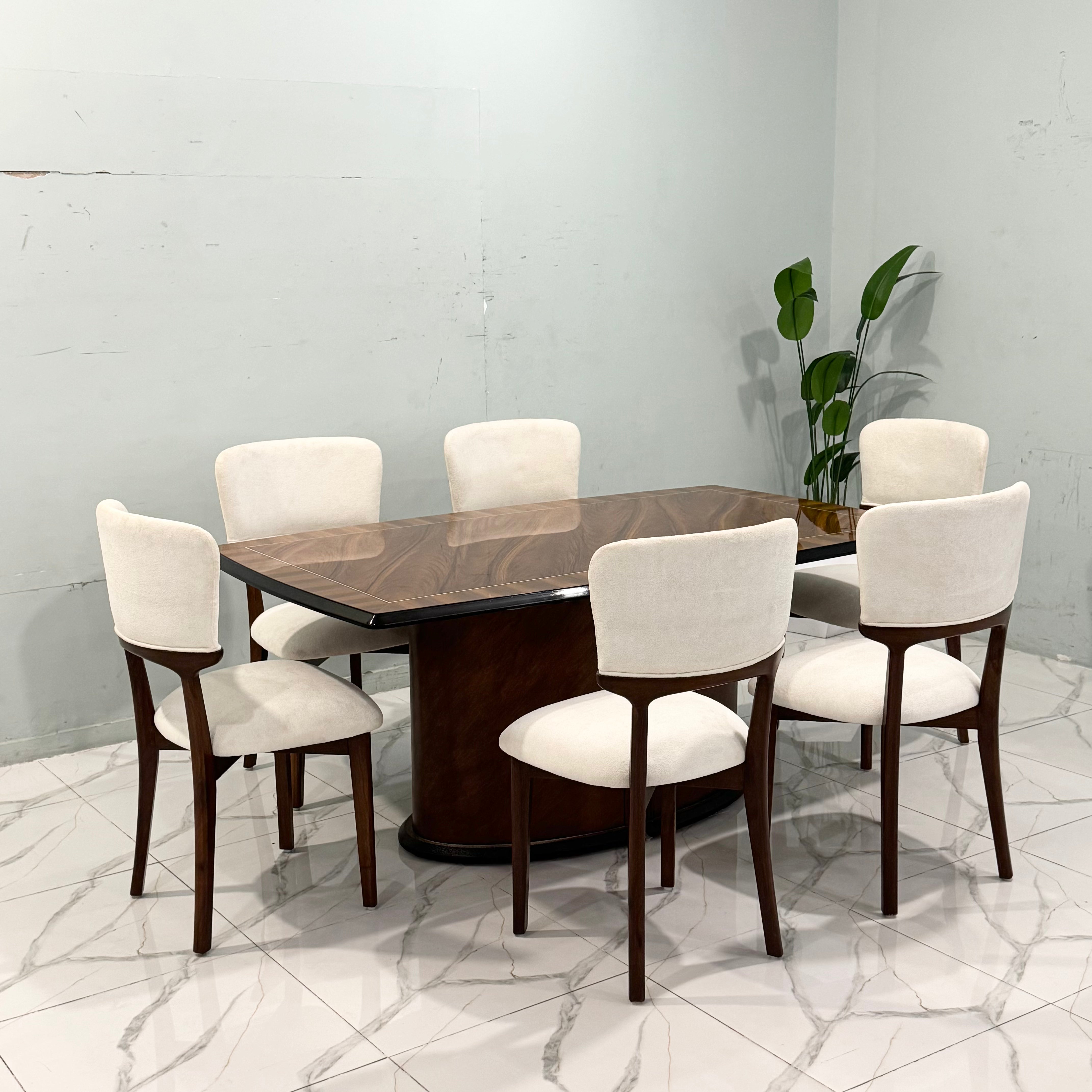 Modern Luxury Wood Dining Table Set with 6 Cream Chairs -  sd03