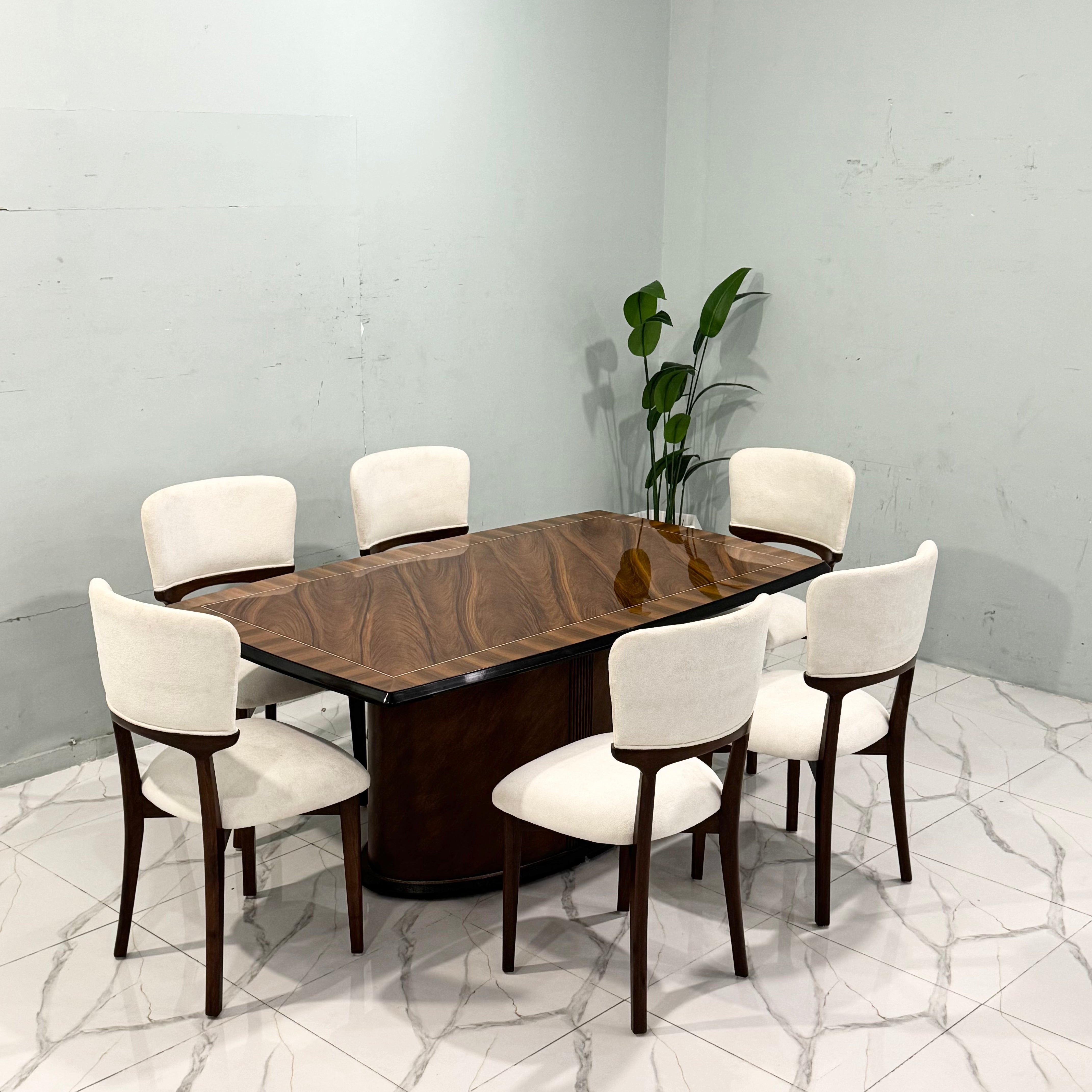 Modern Luxury Wood Dining Table Set with 6 Cream Chairs -  sd03
